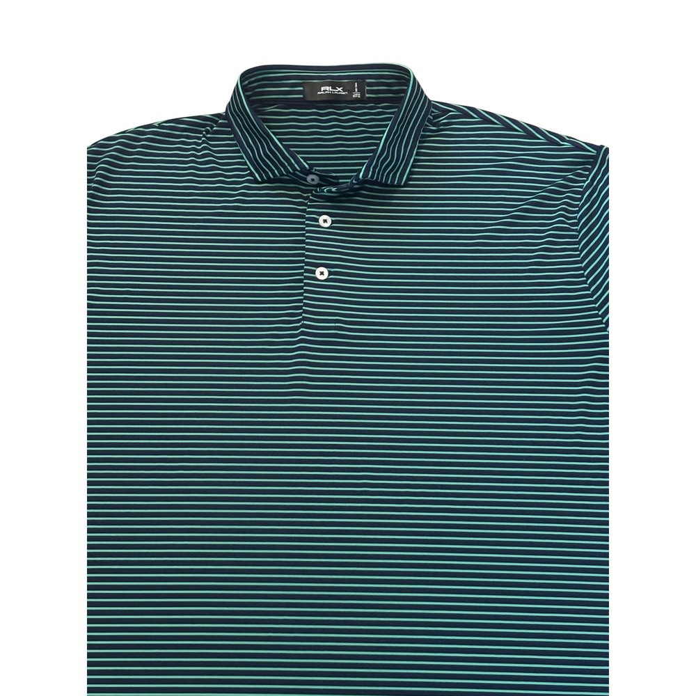 RLX Ralph Lauren Mens XL Navy Blue Green Striped Performance Golf Polo Shirt